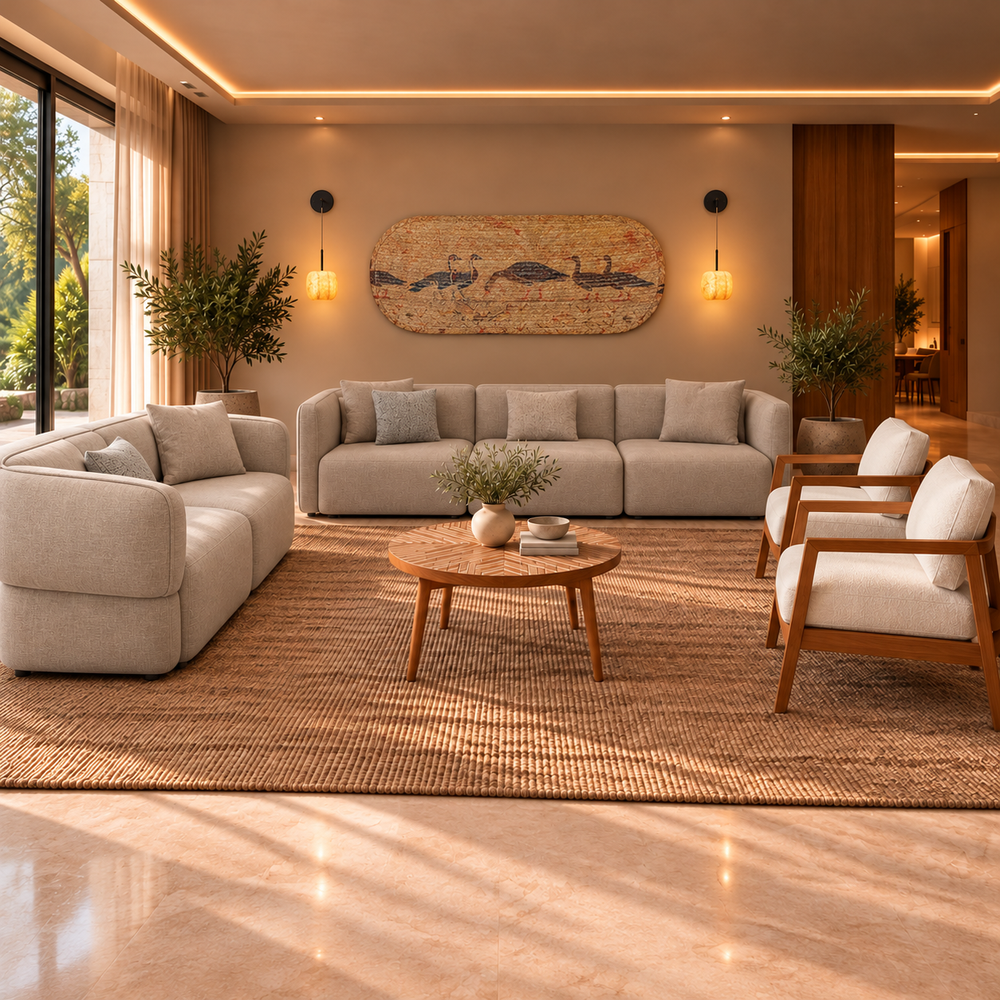 Room 01 with beige sofas, wooden armchairs, round coffee table, wall lamps and Ducks Artwork