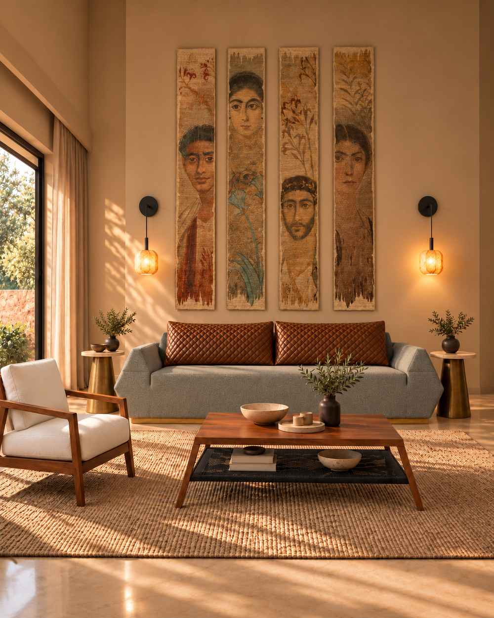 Warm sunlit living room with a gray and havane Pyra sofa, coffee table, brass side tables, two wall lights and four Fayoum portrait panels