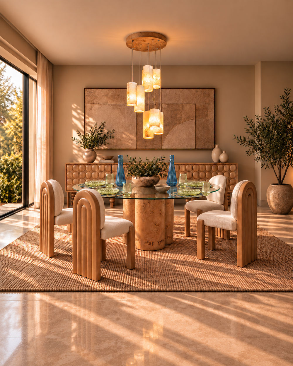 Sunlit dining room with a round glass-top table, four carved oak chairs, a textured sideboard and cascading alabaster pendant lighting.