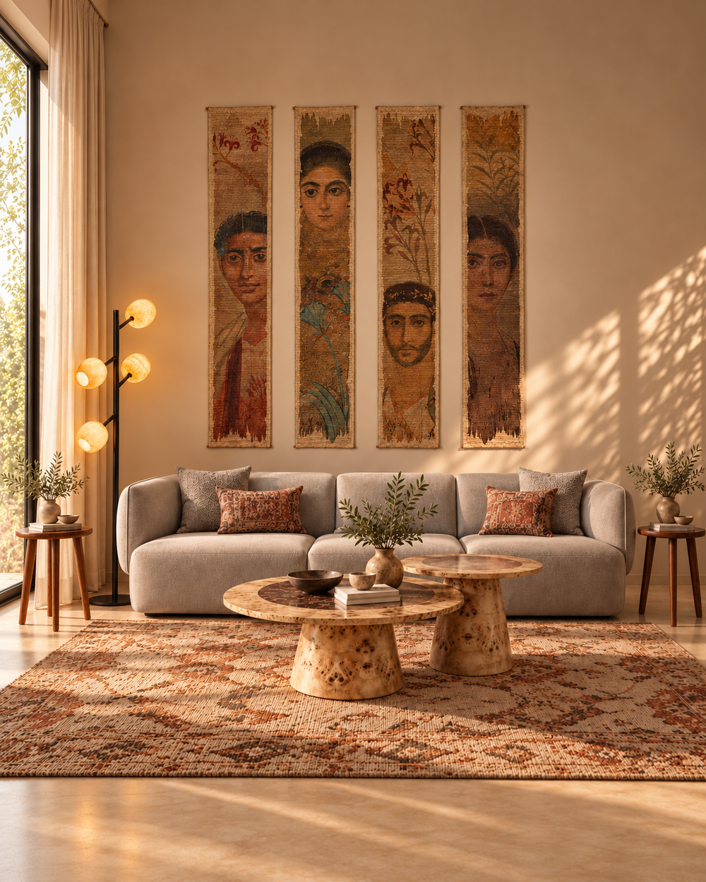 Sunlit living room with beige three-seat sofa, two sculptural Root tables, wooden side tables, a four-globe floor lamp and four woven portraits.