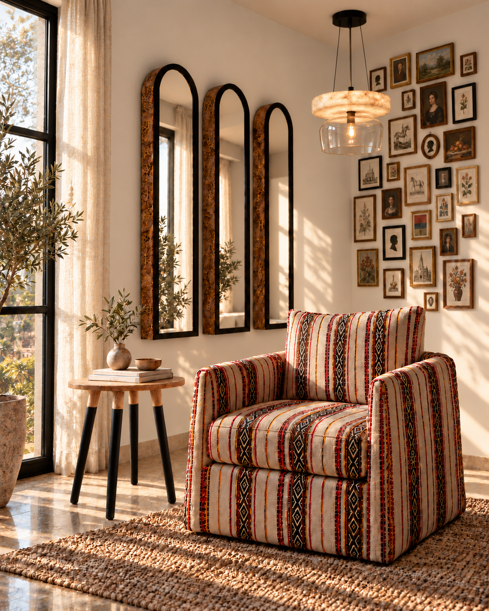 Sunlit room with a patterned Nomad armchair, black-leg side table, ceiling light and three arched mirrors