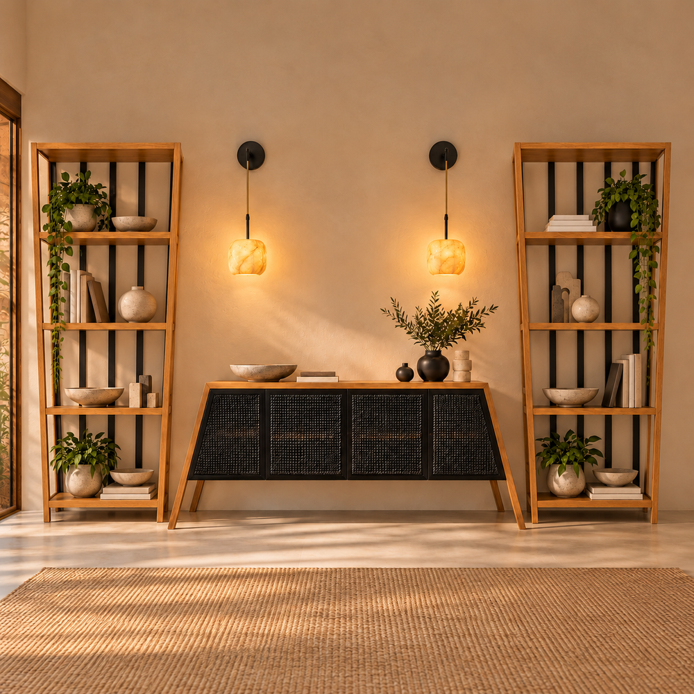 Two oak shelving units flanking a black cané-front Pyra sideboard beneath two glowing alabaster wall lights.