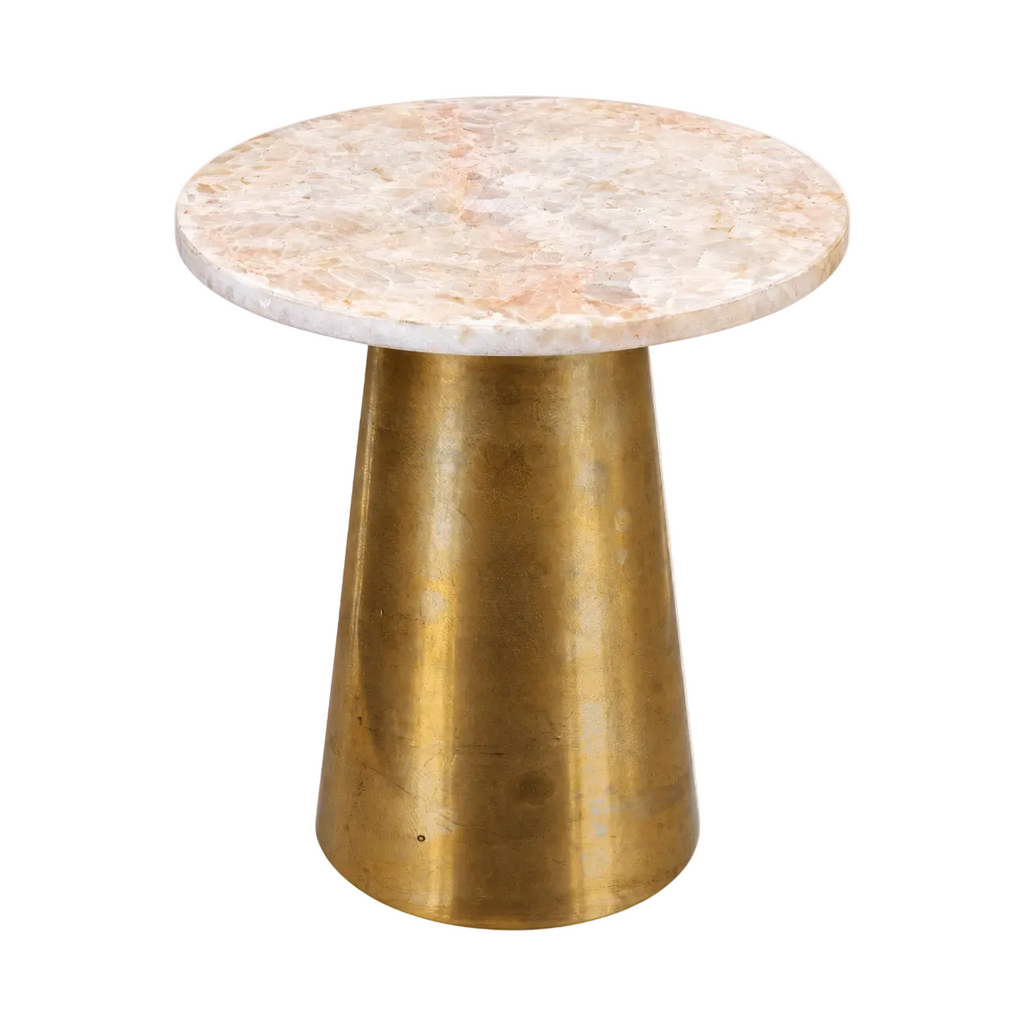 Cone Side Table with pale round top and brass-toned pedestal, angled view