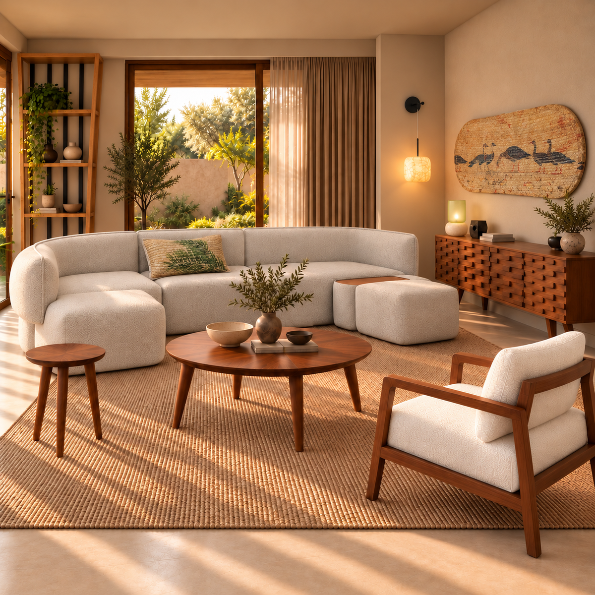 Sunlit beige modular sofa and wooden armchair with a carved sideboard, Ducks Artwork, green lamp and tall oak shelving.