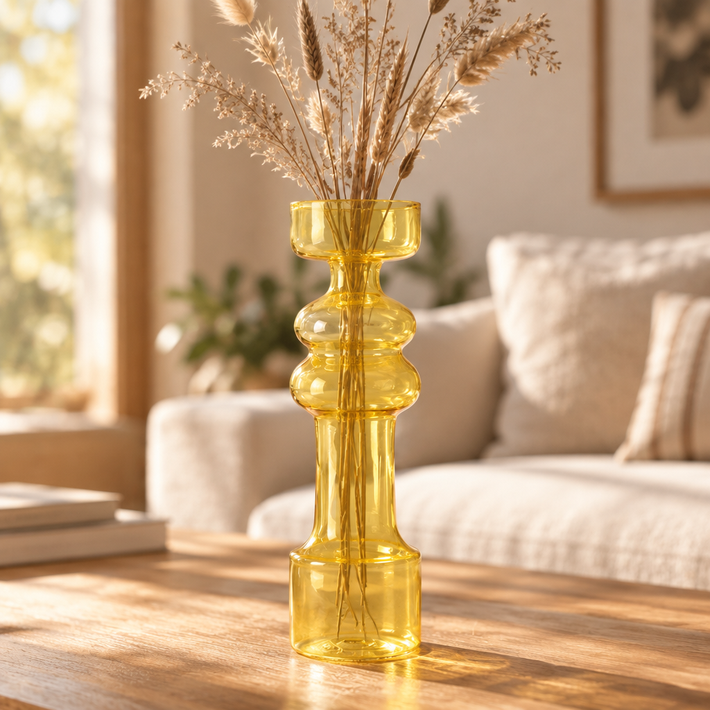 A styled on-set photo of the yellow Cero 3 glass vase in a warm interior