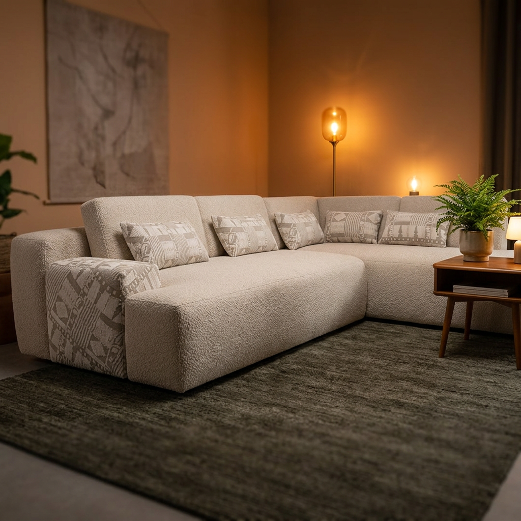 Beige Corner Scala from a front-side angle in a warm cozy living room set
