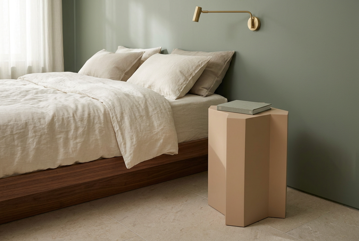Beige Mamluk side table in a naturally lit bedroom with a walnut bed