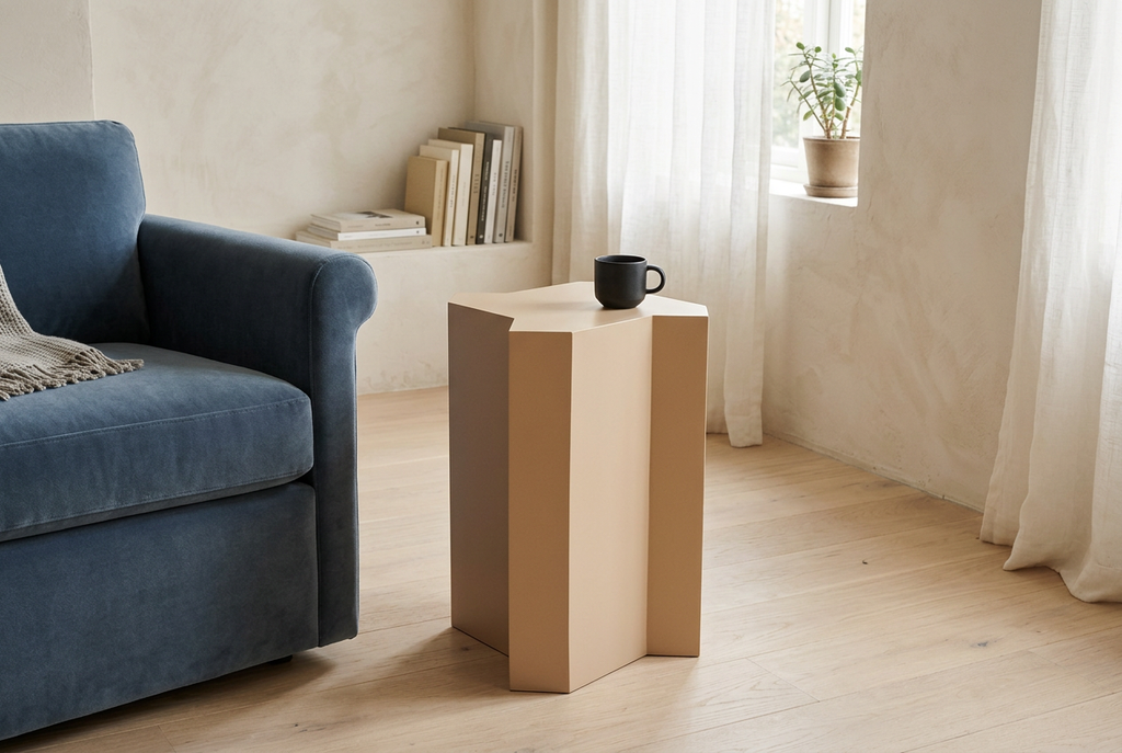 Beige Mamluk side table in a naturally lit living room with a blue armchair
