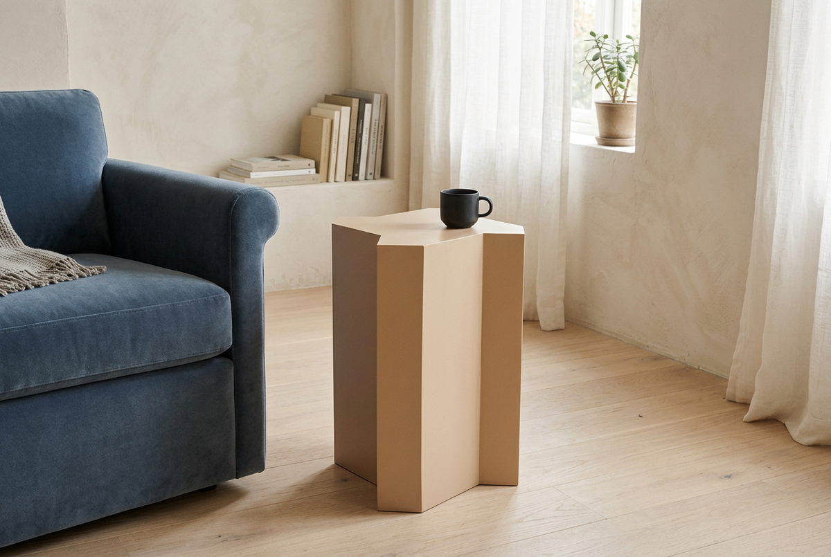 Beige Mamluk side table in a naturally lit living room with a blue armchair