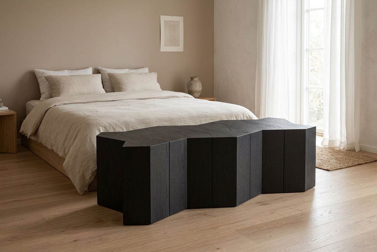 Black Mamluk Bench styled in a naturally lit bedroom