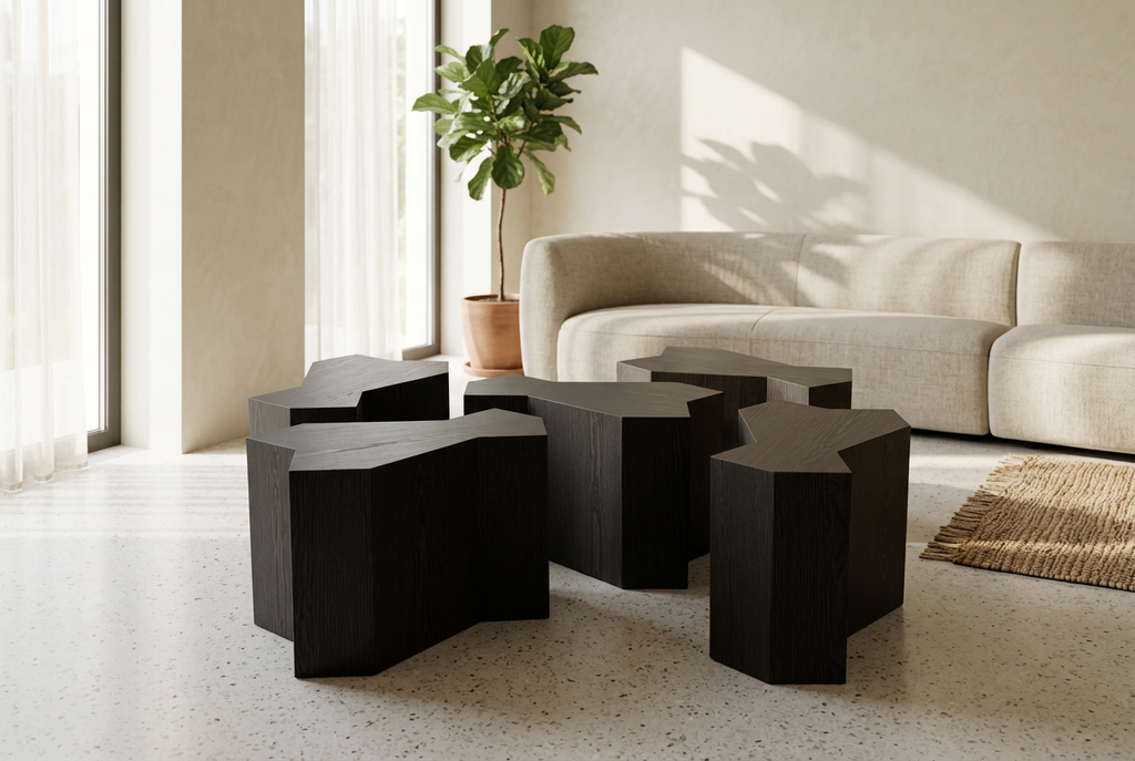 Black Mamluk modules scattered in a naturally lit lounge