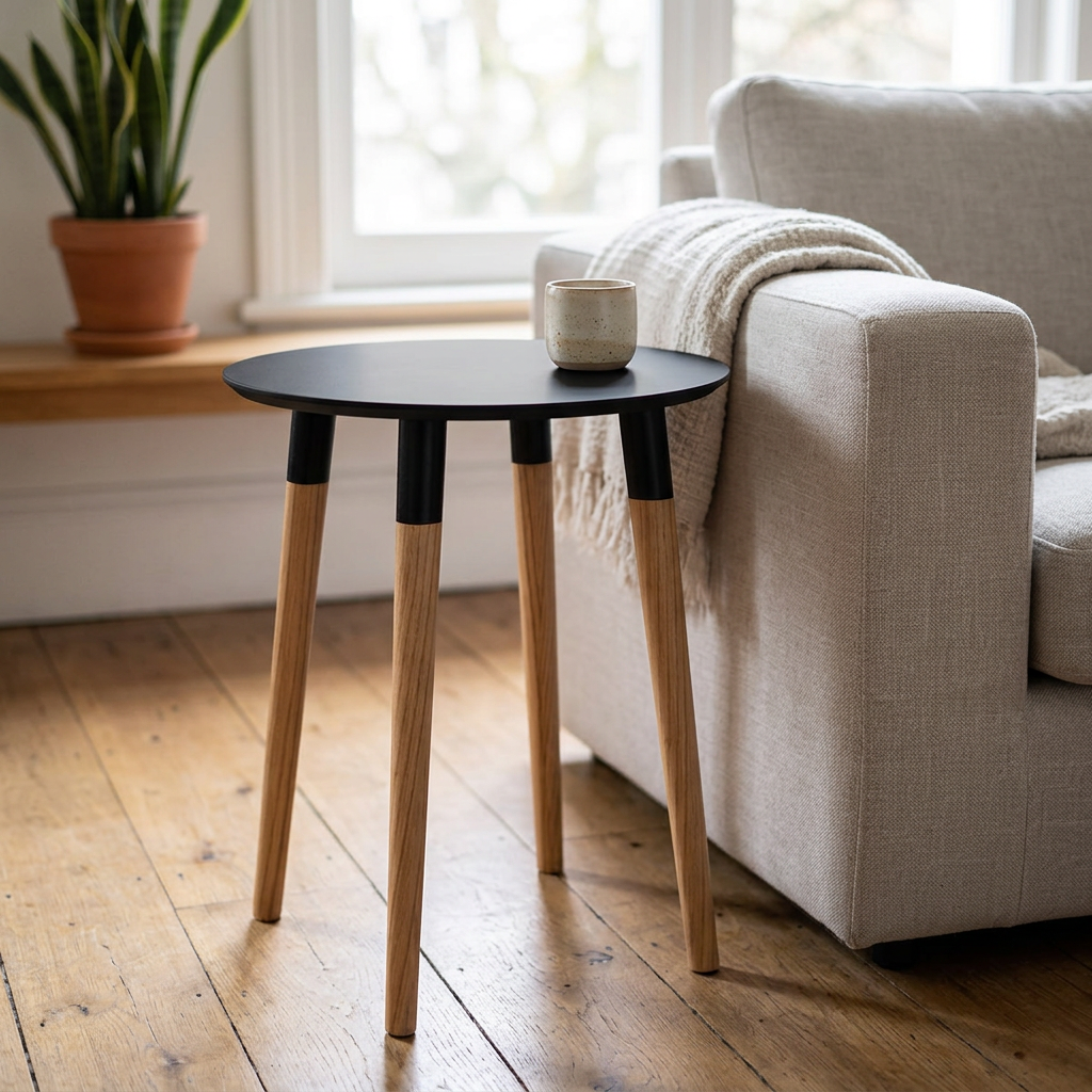 Black top sidetable in a naturally lit room