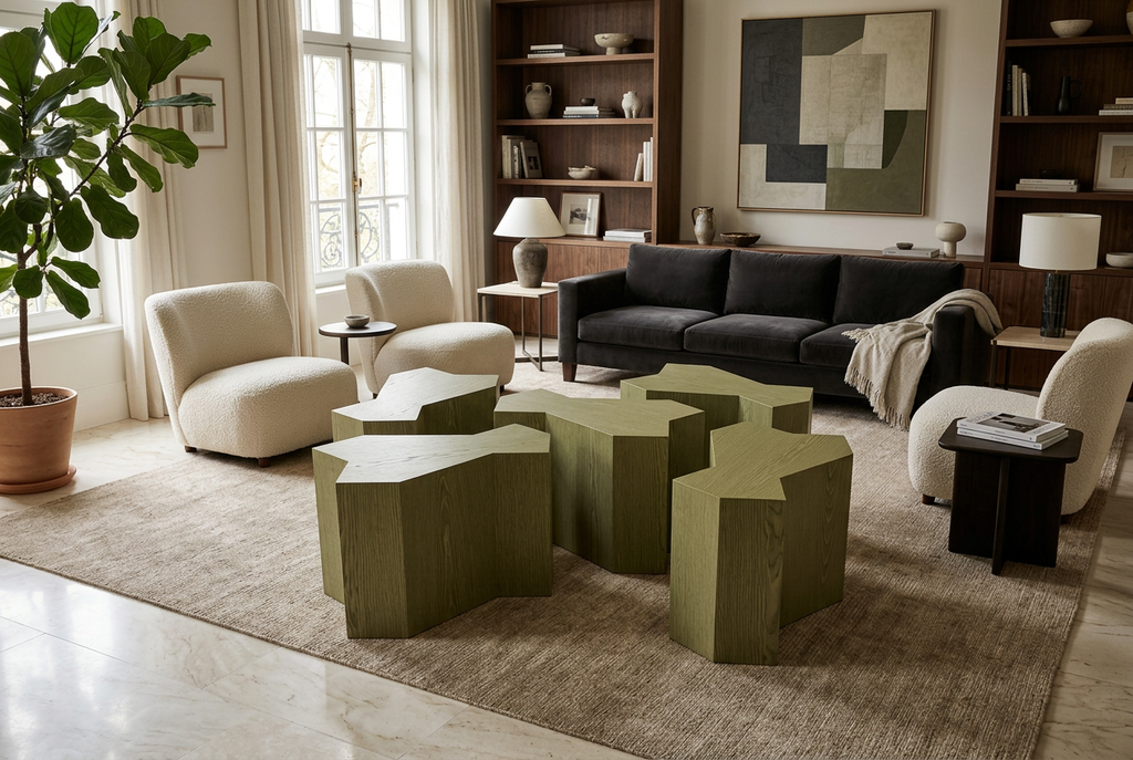 Five green Mamluk modules scattered in a fully furnished luxury living room