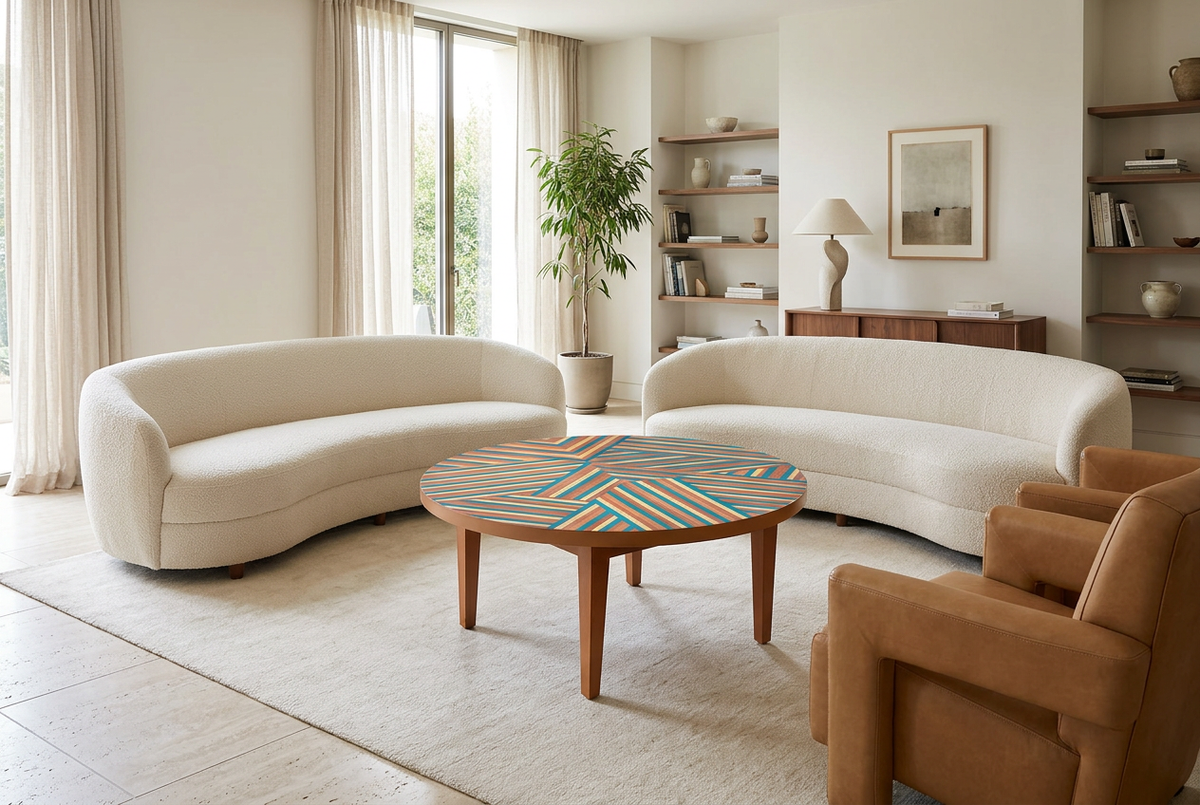 Geo Colored Coffee Table in a fully furnished bright luxury living room