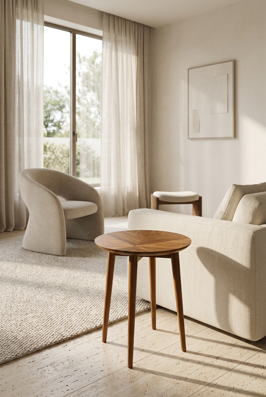 Geo light side table in a modern minimal luxury living room, wide angle