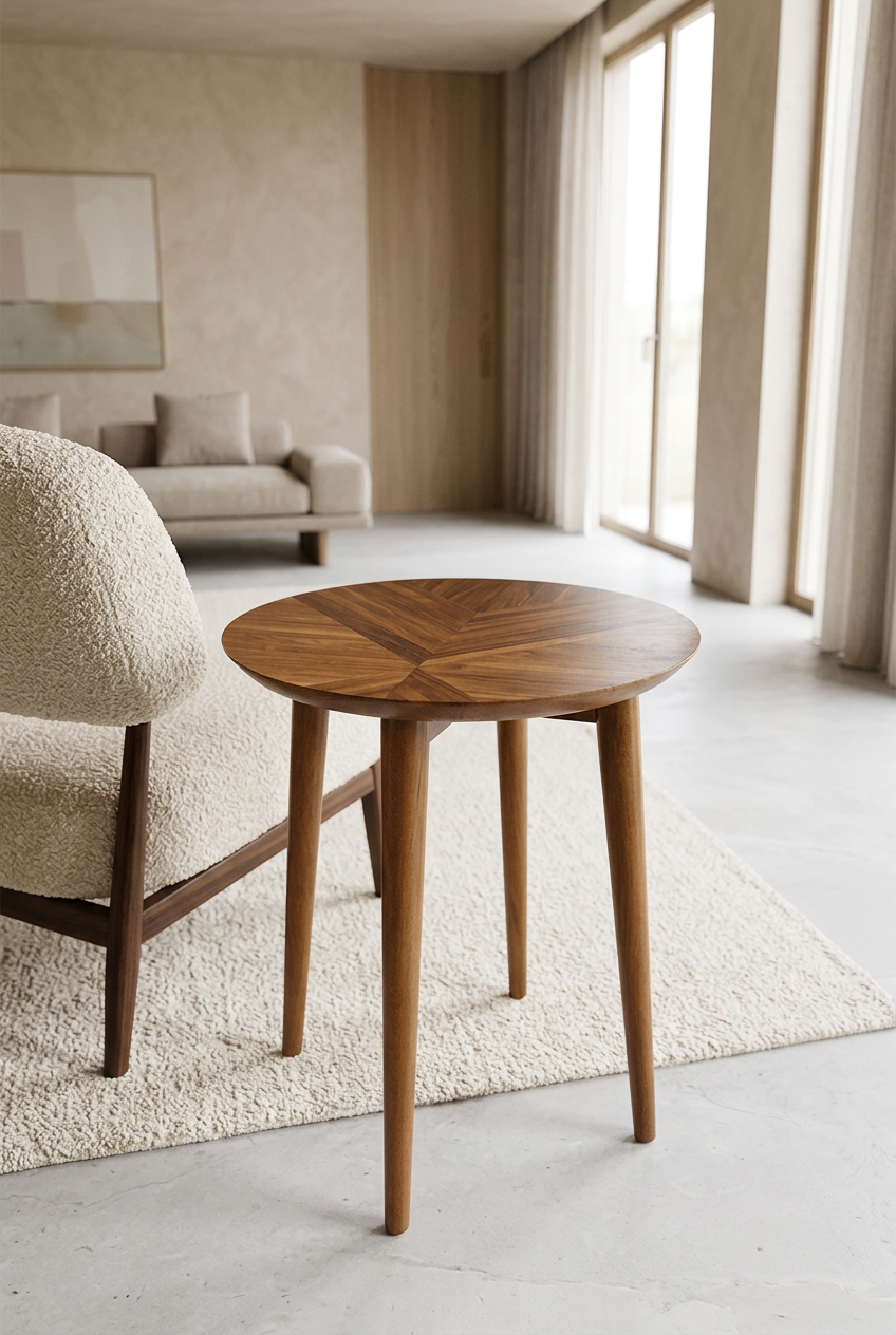 Geo light side table in a modern minimal luxury room, elevated angle