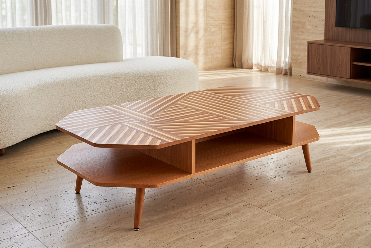 Geo Semi-Rec Coffee Table in a bright luxury living room