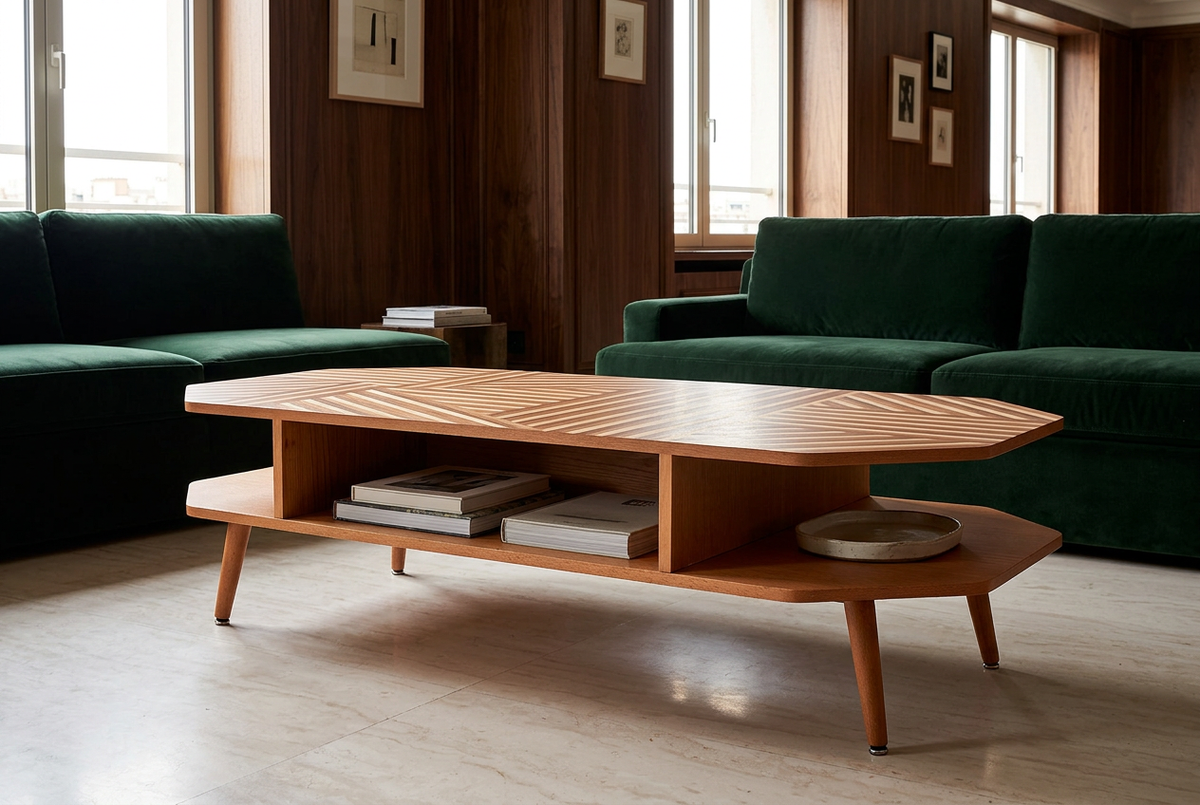 Geo Semi-Rec Coffee Table in a luxury walnut and green velvet salon