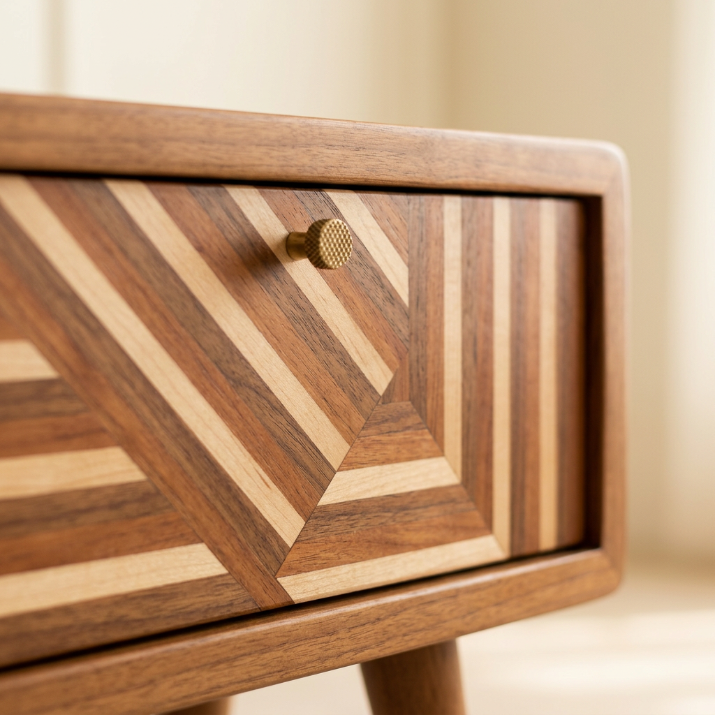 Geo TV Unit drawer close-up showing geometric wood detailing and brass knob