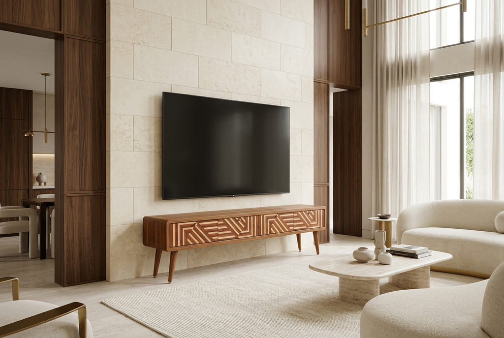 Geo TV Unit with a large TV in a luxurious living room