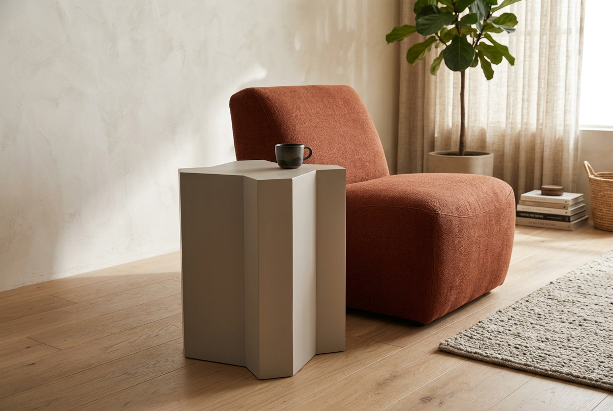 Gray Mamluk side table beside a terracotta lounge chair in a naturally lit room
