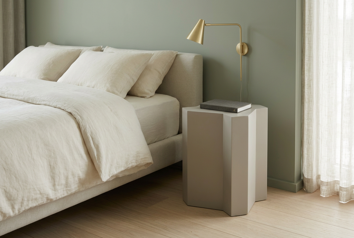 Gray Mamluk side table in a naturally lit bedroom setting