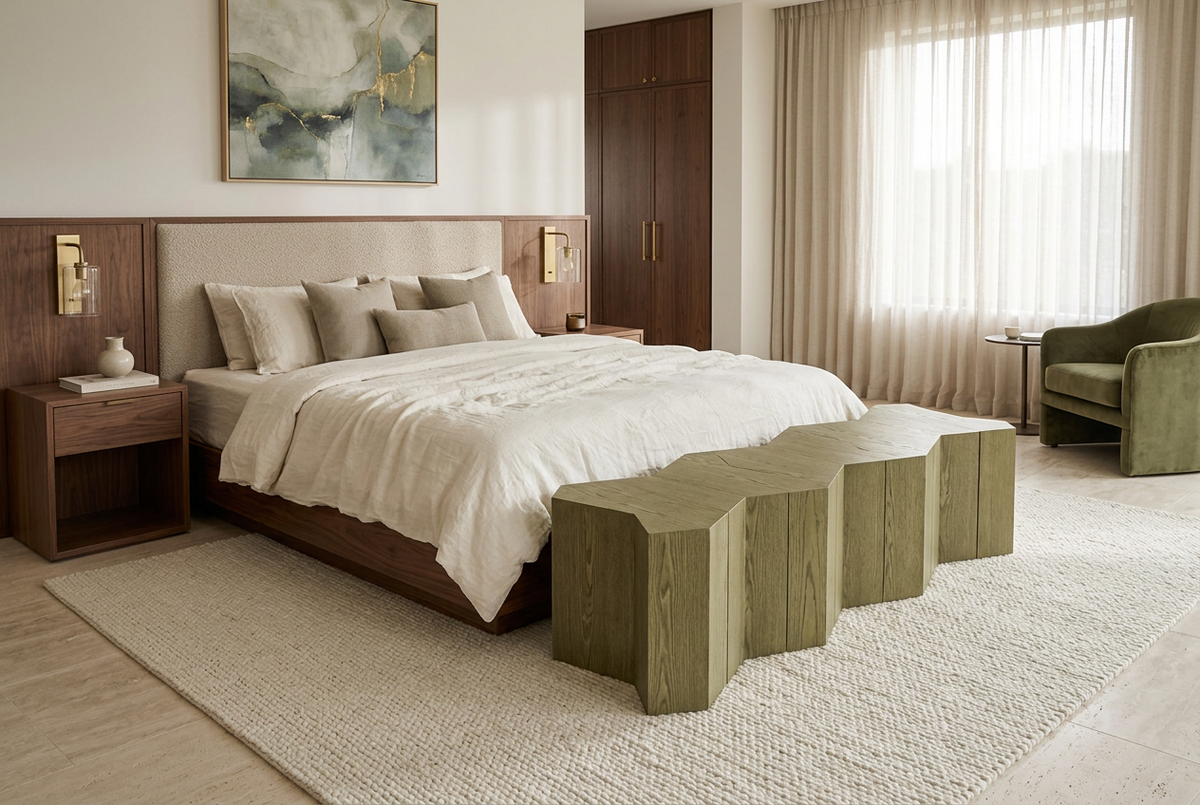 Green Mamluk Bench assembled in a fully furnished luxury bedroom