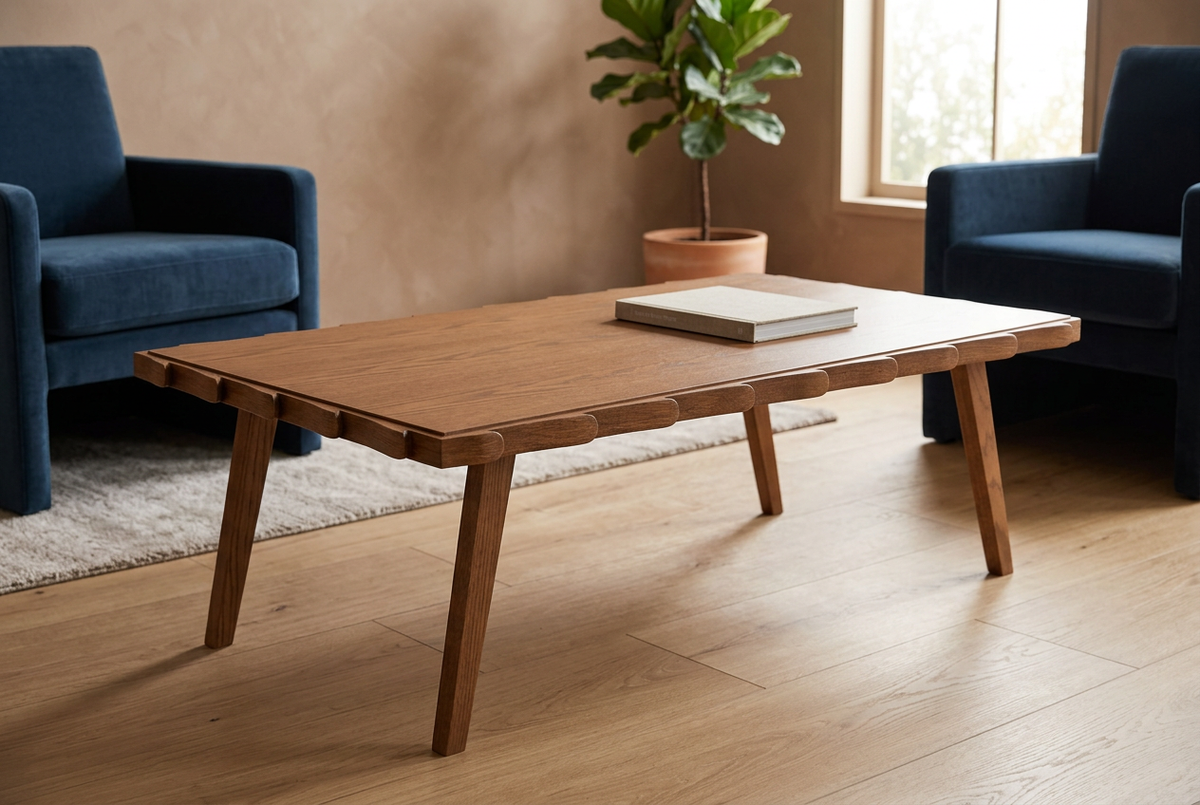 Leaf Coffee Table in a naturally lit lounge with blue chairs