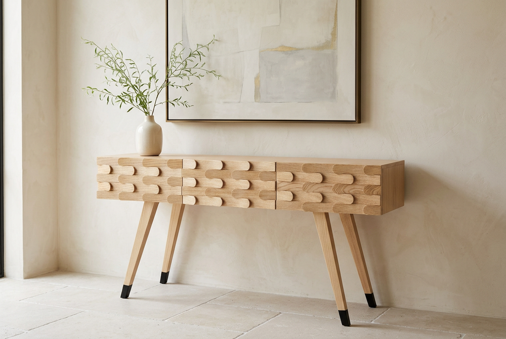 Leaf Console Small styled with artwork and greenery