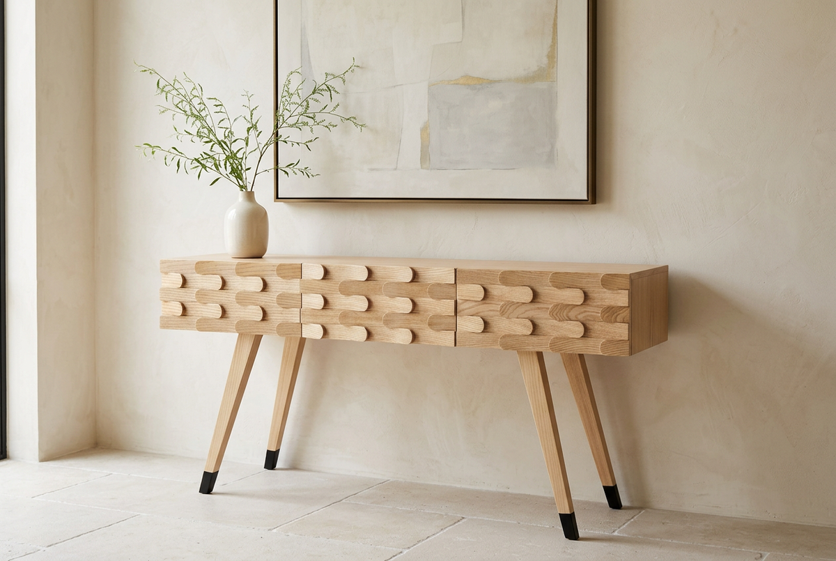 Leaf Console Small styled with artwork and greenery