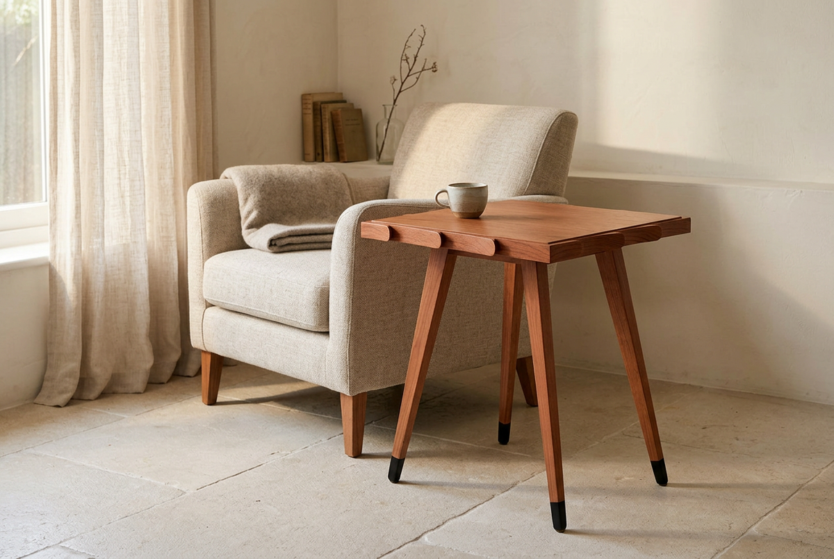 Leaf Side Table Dark beside a linen armchair in a naturally lit reading corner