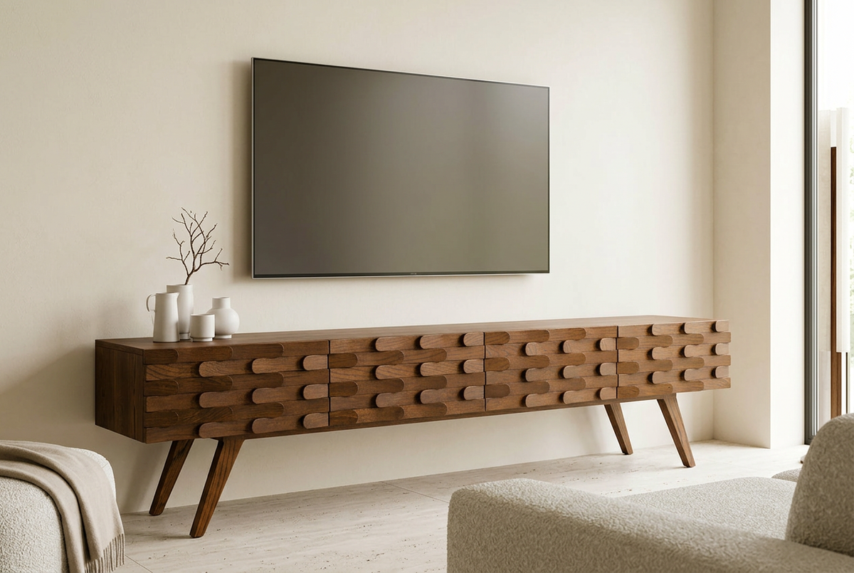 Leaf TV Unit styled beneath a television in a luxury minimal room