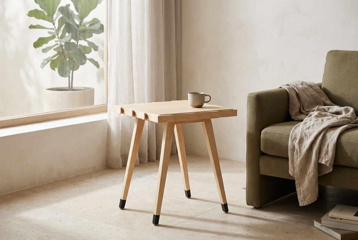 Light Leaf Side Table beside an olive armchair in a naturally lit room