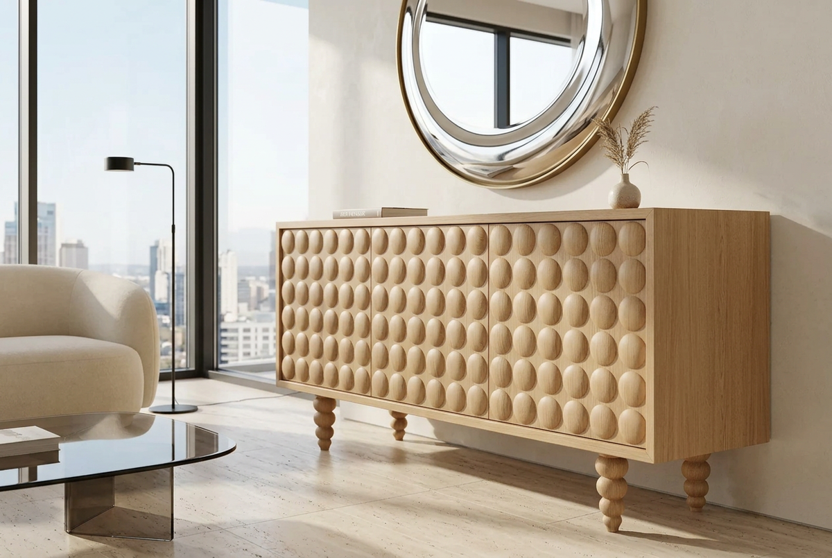 Light oak Bubble buffet in a luxury penthouse reception room