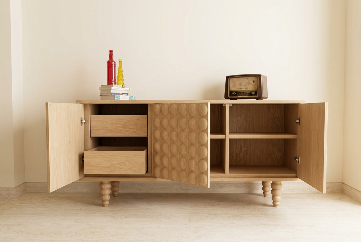 Light-oak Bubble buffet with doors open