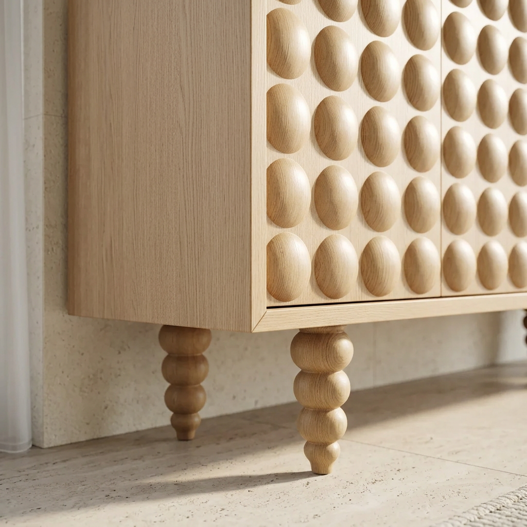 Light oak sculpted leg and lower-frame close-up