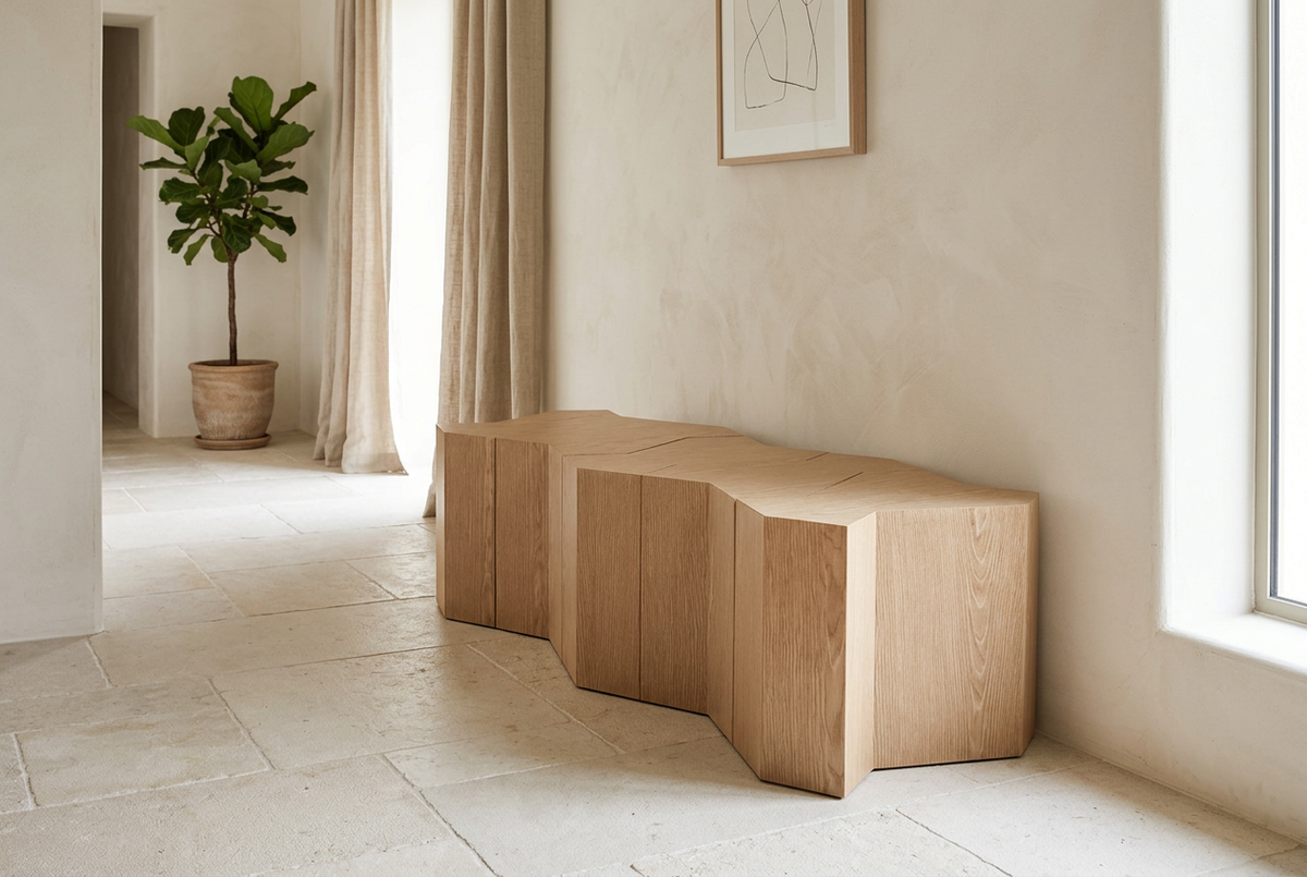 Mamluk light wood bench in a naturally lit contemporary entryway