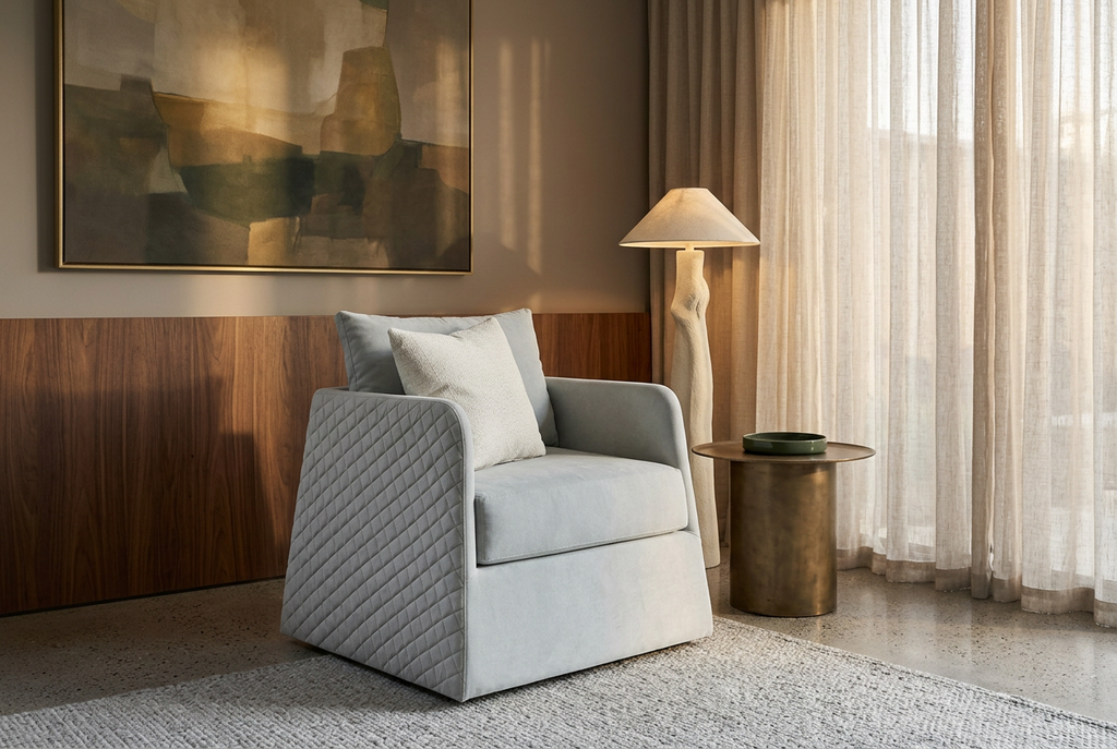 Nile Armchair in a warm modern chic reading corner