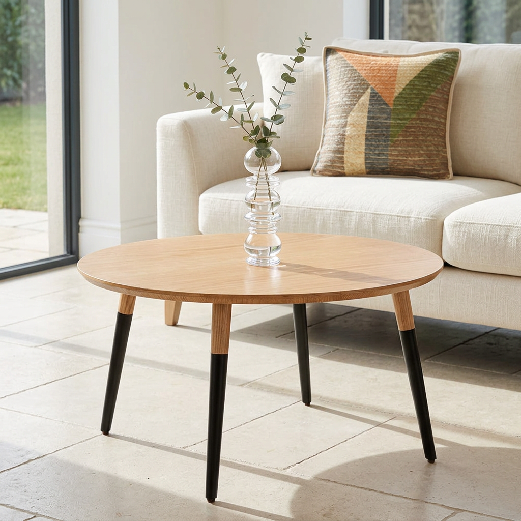 Oak coffee table with black legs styled with Room No.9 accessories in a living room