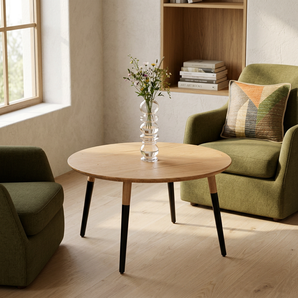 Oak coffee table with black legs styled with Room No.9 accessories in a reading lounge