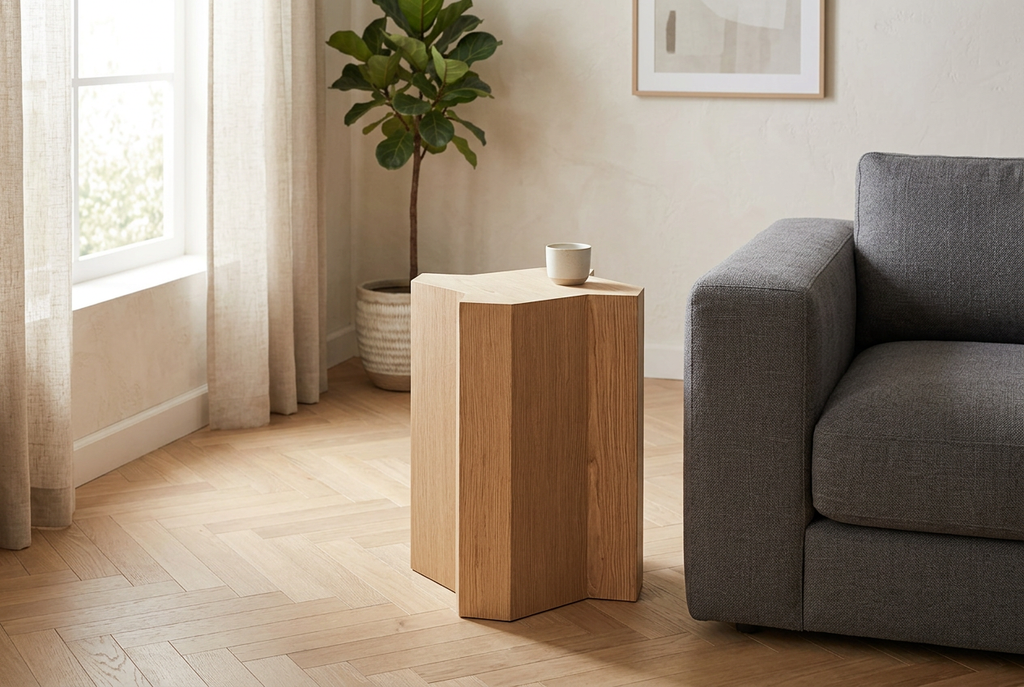 Oak veneer Mamluk side table in a naturally lit living room