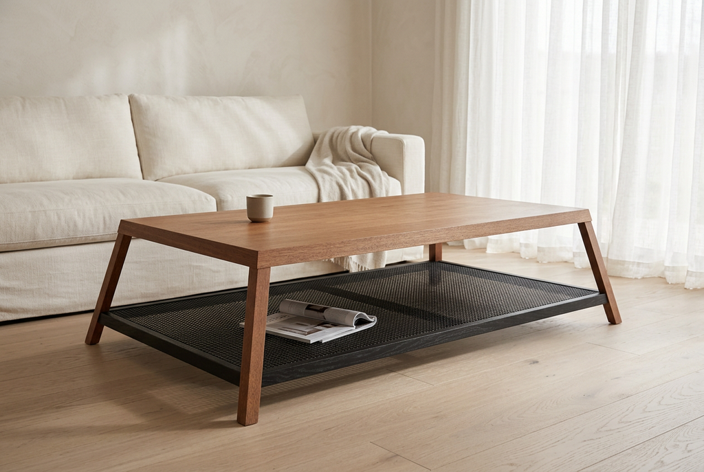 Pyra Coffee Table in a naturally lit living room with an ivory sofa