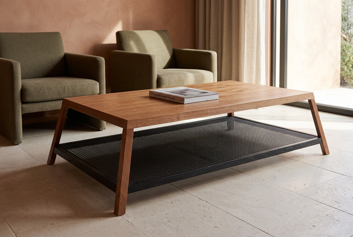 Pyra Coffee Table in a naturally lit lounge with olive armchairs