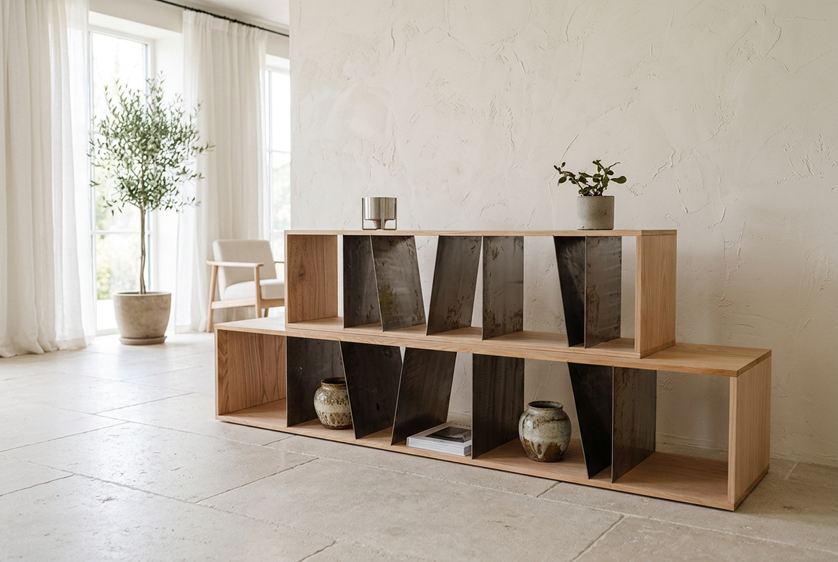 Raw Shelving Unit in a bright minimal living room