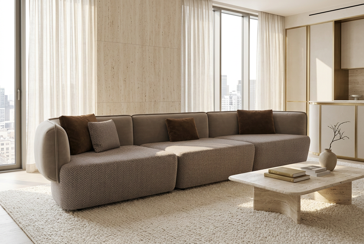Sofa from the front-left in a sunlit luxury penthouse