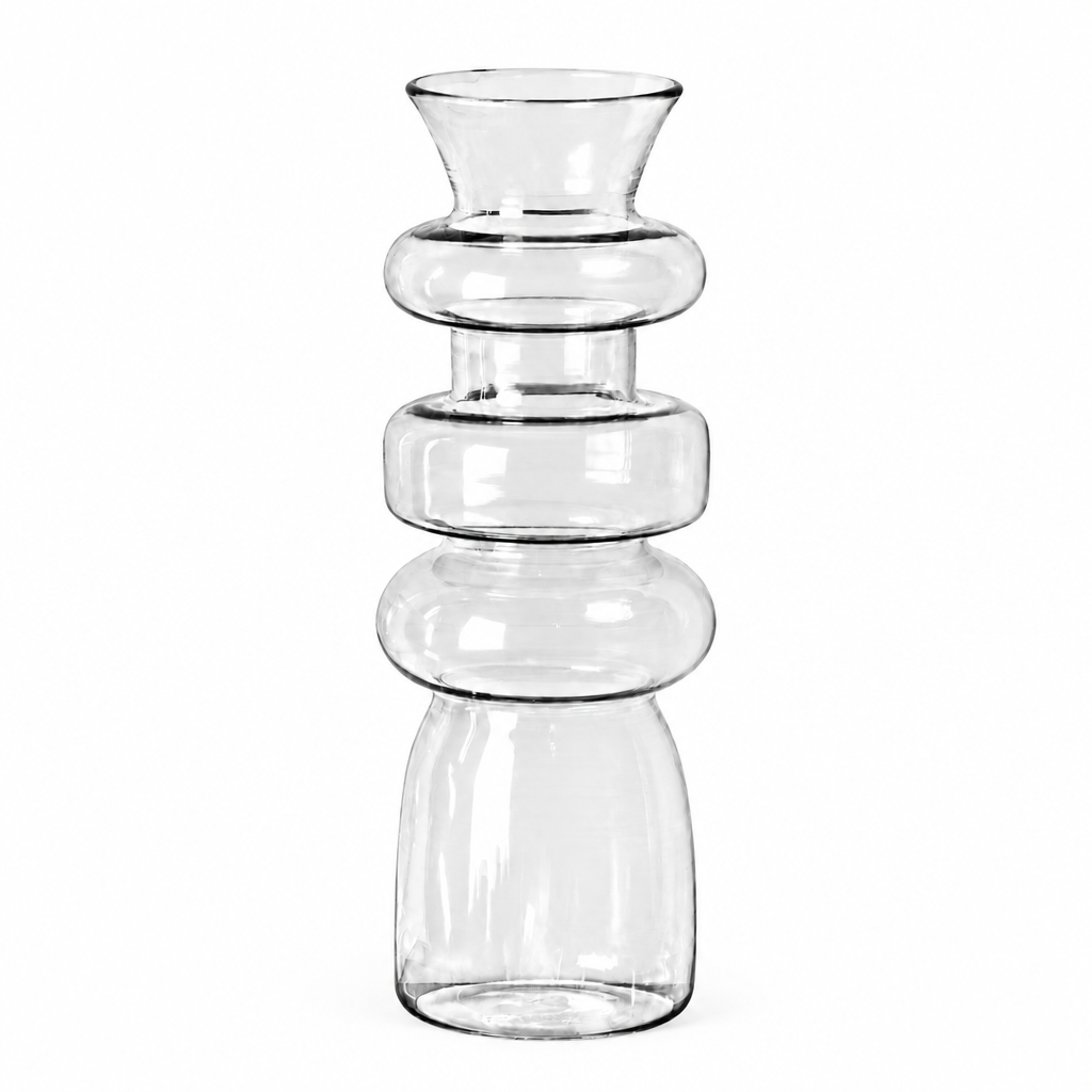 The clear Cero 1 glass vase on a white background