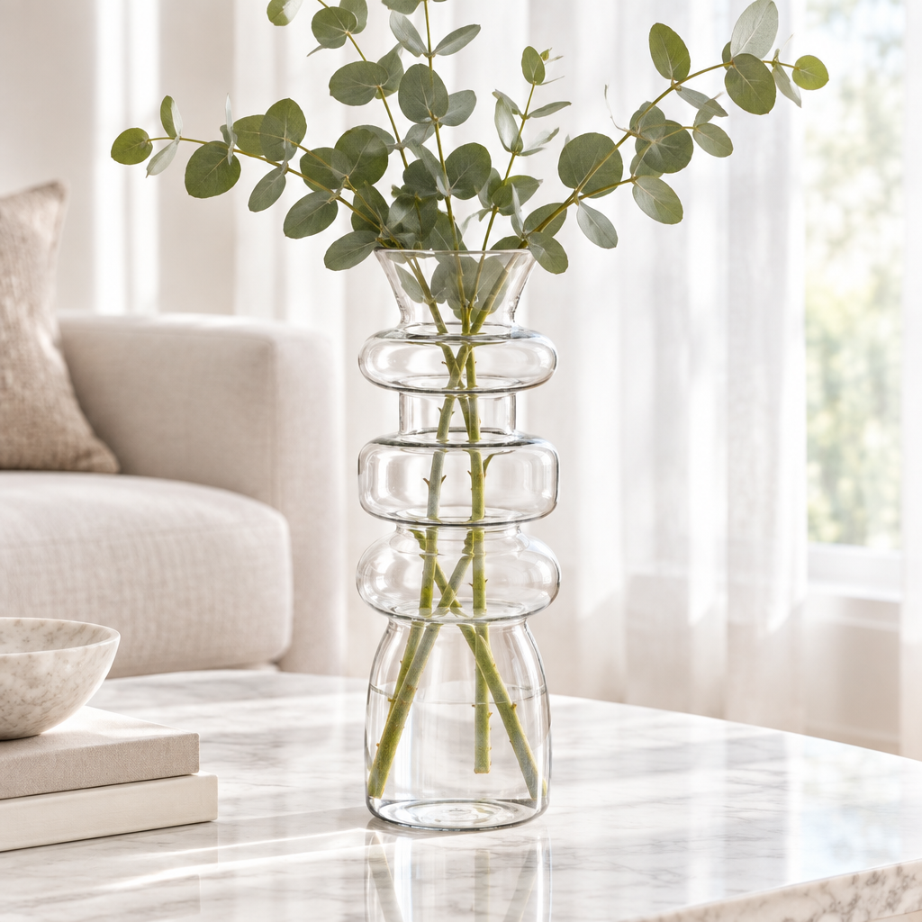 The clear Cero 1 glass vase styled on a marble table in a bright modern interior
