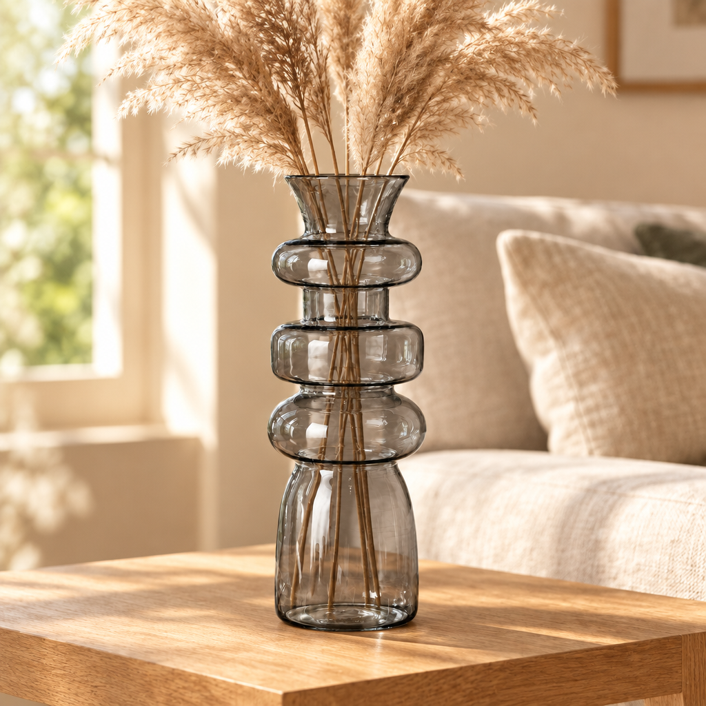 The gray Cero 1 glass vase styled on an oak table in a warm living room