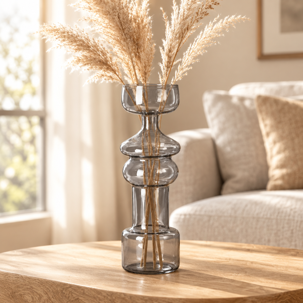 The gray Cero 3 glass vase styled on an oak side table in a warm living room