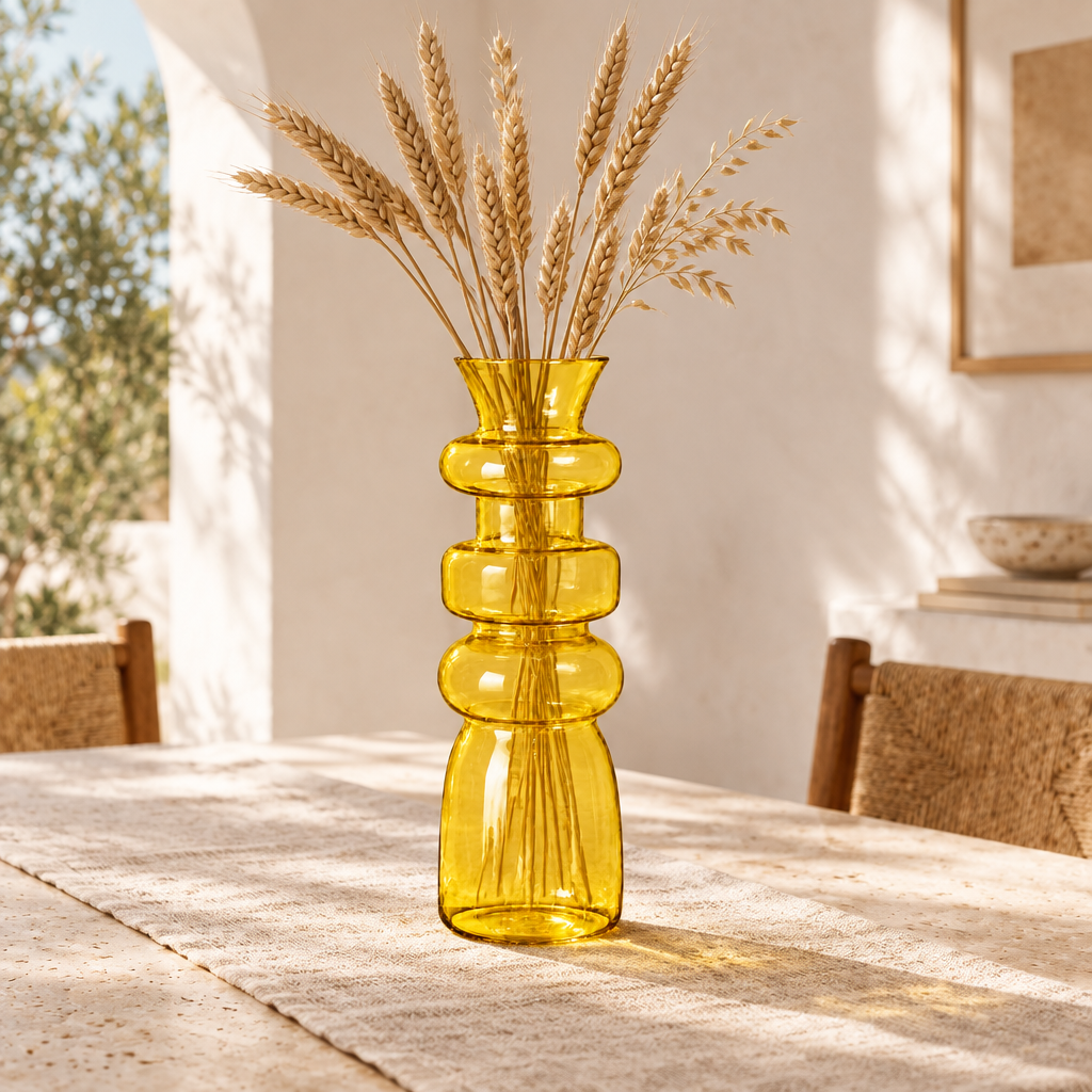 The yellow Cero 1 glass vase styled on a travertine dining table